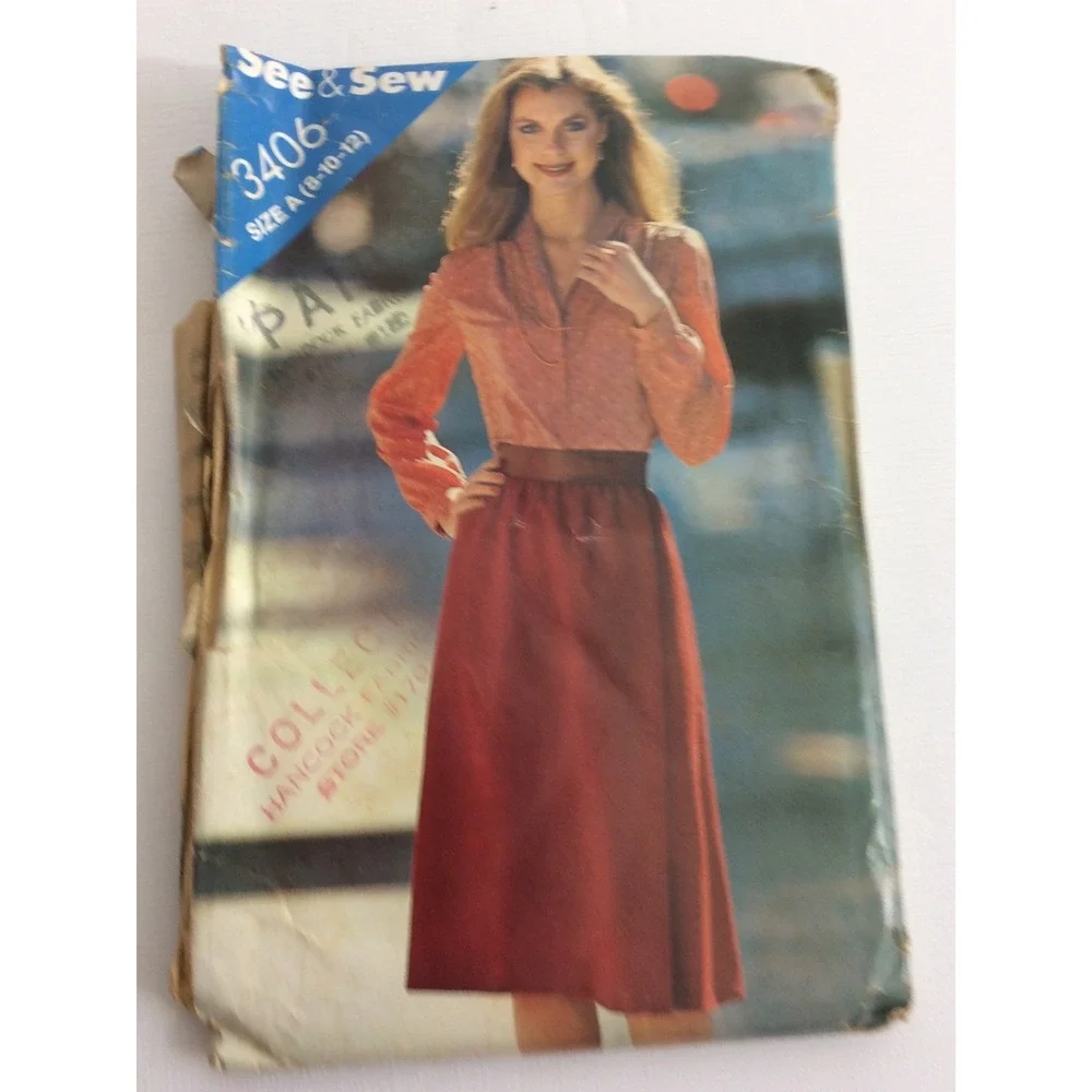 1980s Butterick See & Sew 3406 VTG Sewing Pattern Womens Top Skirt Size 8 10 12